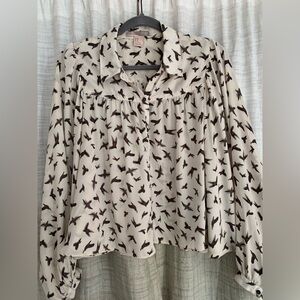 F21 M Cream Silky Batwing Sleeve Button Down with Bird Print